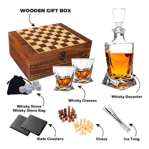 Set Whisky Premium con Ajedrez en Caja de Madera