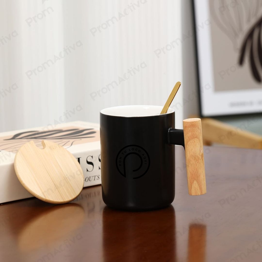 Jarro Cerámico 380ml con Mango y Tapa de Madera