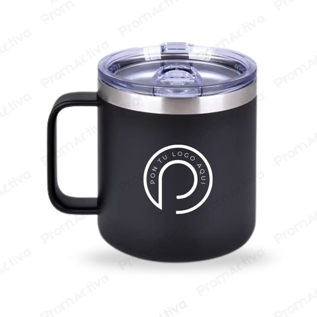 Jarro térmico negro de acero inoxidable 350 ml con tapa hermética y espacio para logo personalizado de empresa PromActiva.