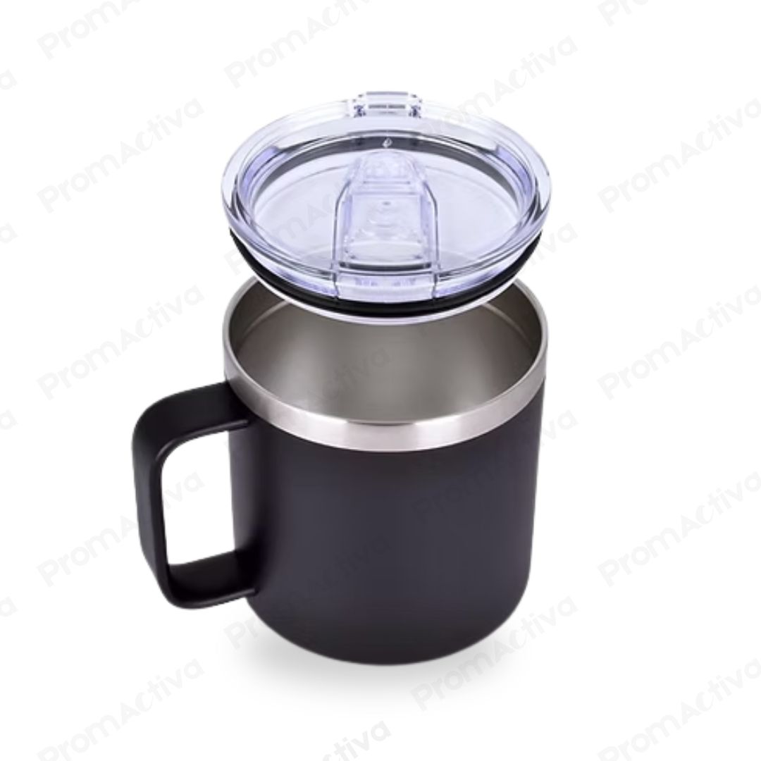 Jarro térmico de 350ml con boca ancha de acero inoxidable, mostrando la tapa transparente y el diseño interno.