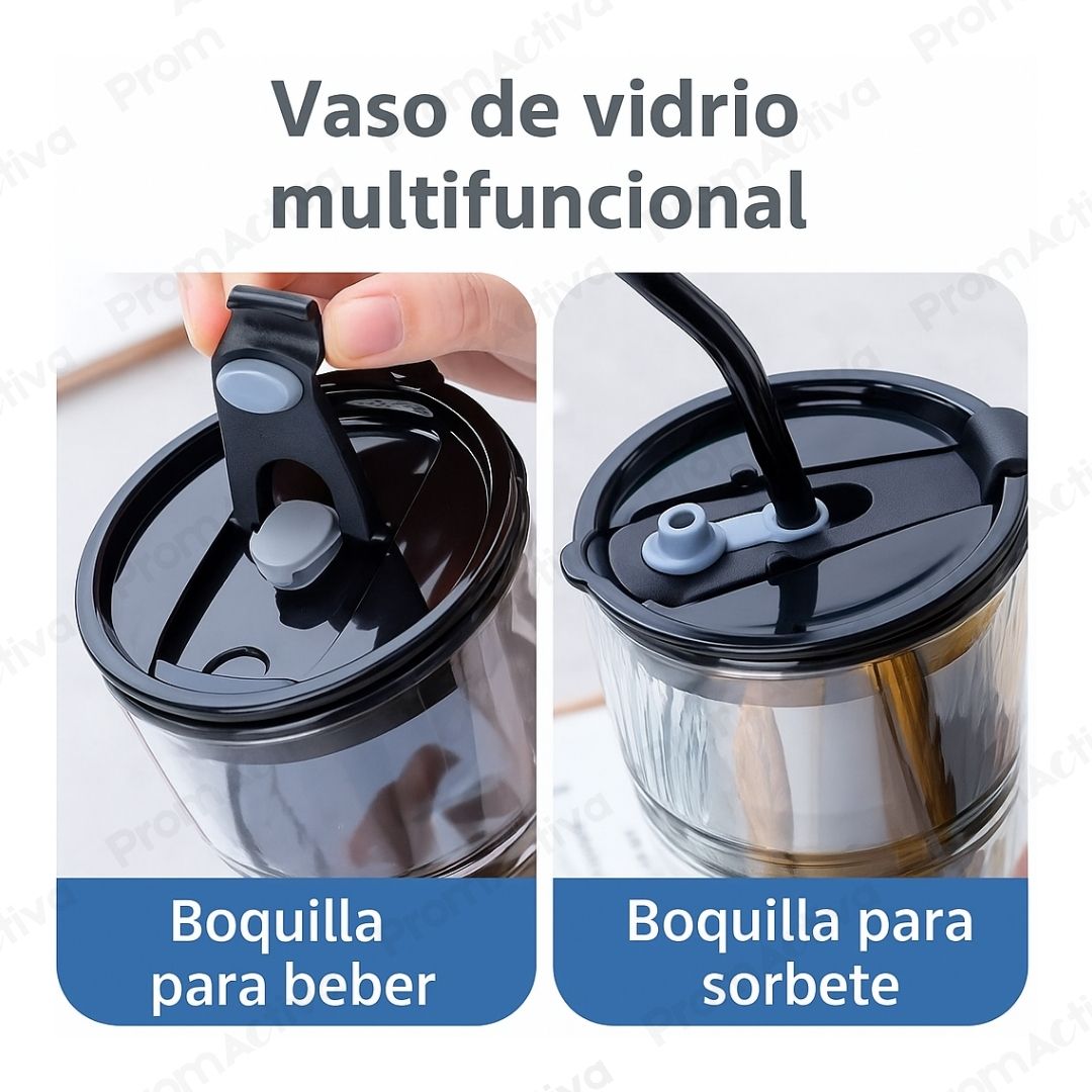 Vaso de Vidrio 380ml Doble Capa con Tapa y Sorbete