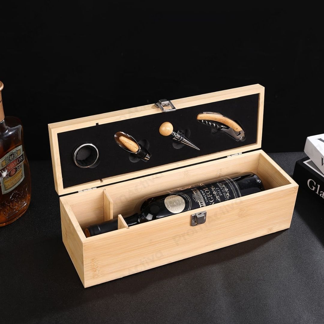 Caja de vino en bamboo con accesorios premium