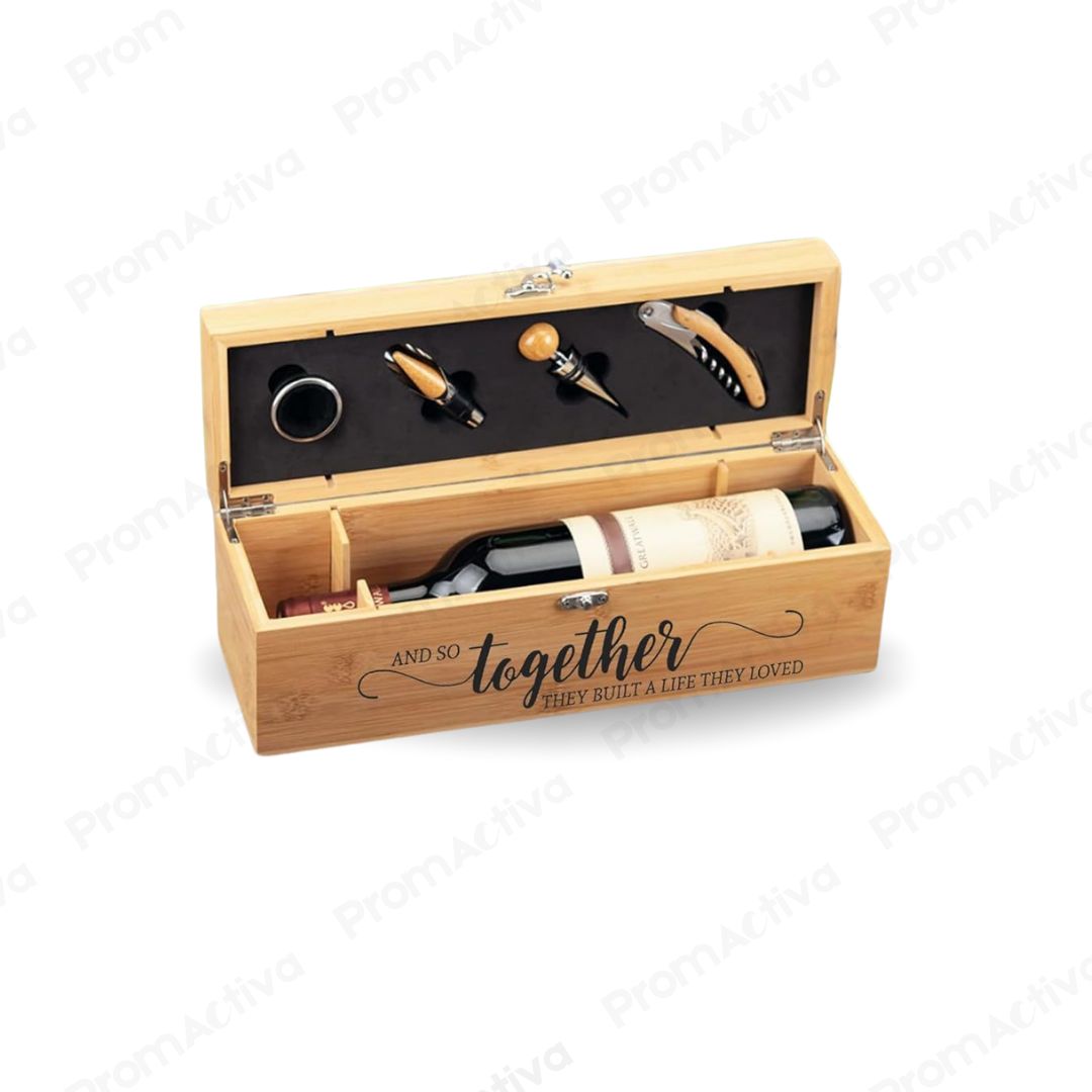 Caja de vino en bamboo con accesorios premium