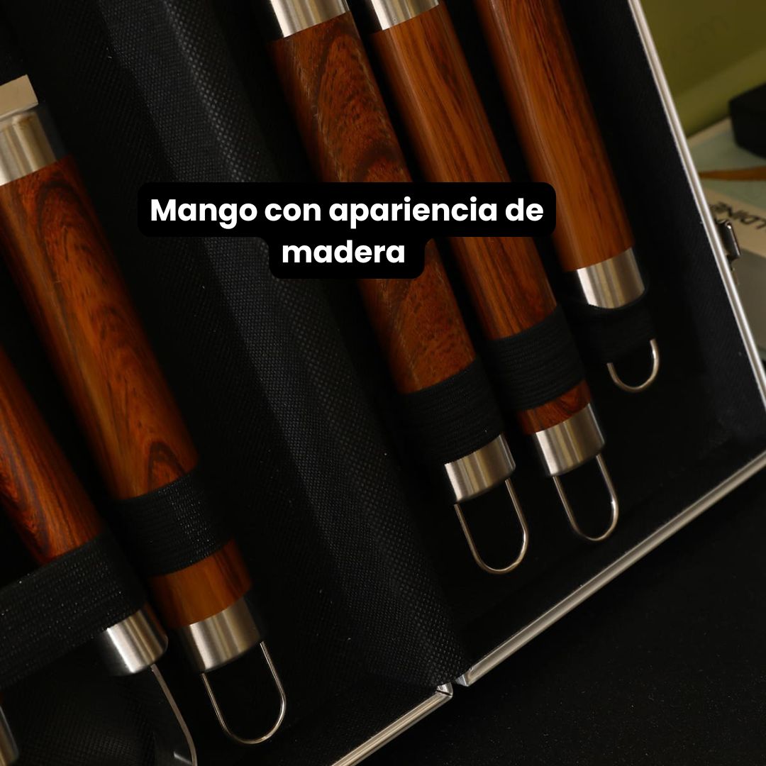 Set BBQ 5 piezas en caja de aluminio con mango de madera