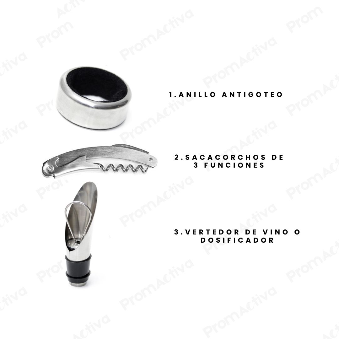 Set abridor y tapón de vino en acero inoxidable